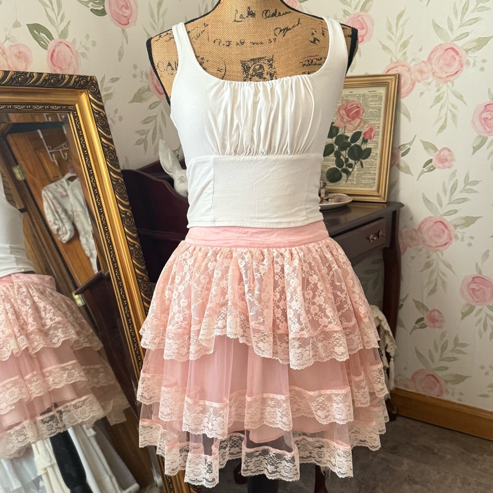 Pink & Lace Ruffle Tiered Mini Skirt